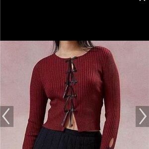 Kimchi  Blue Chic Red Ribbed Sweater with Black Ribbon Accents